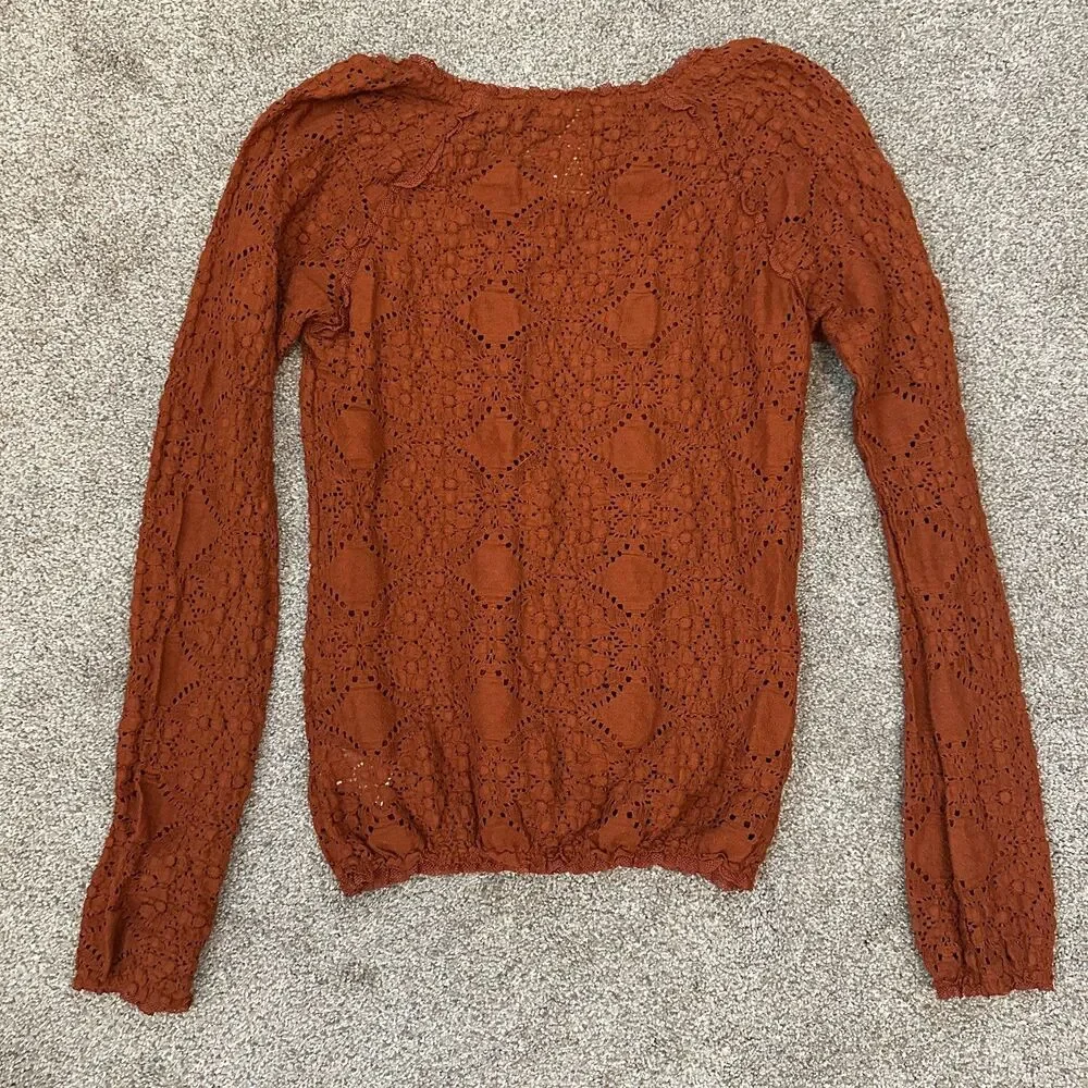Vintage Free People Rust Orange Crochet Lace Mesh Blouse Top Boho Whimsigoth M